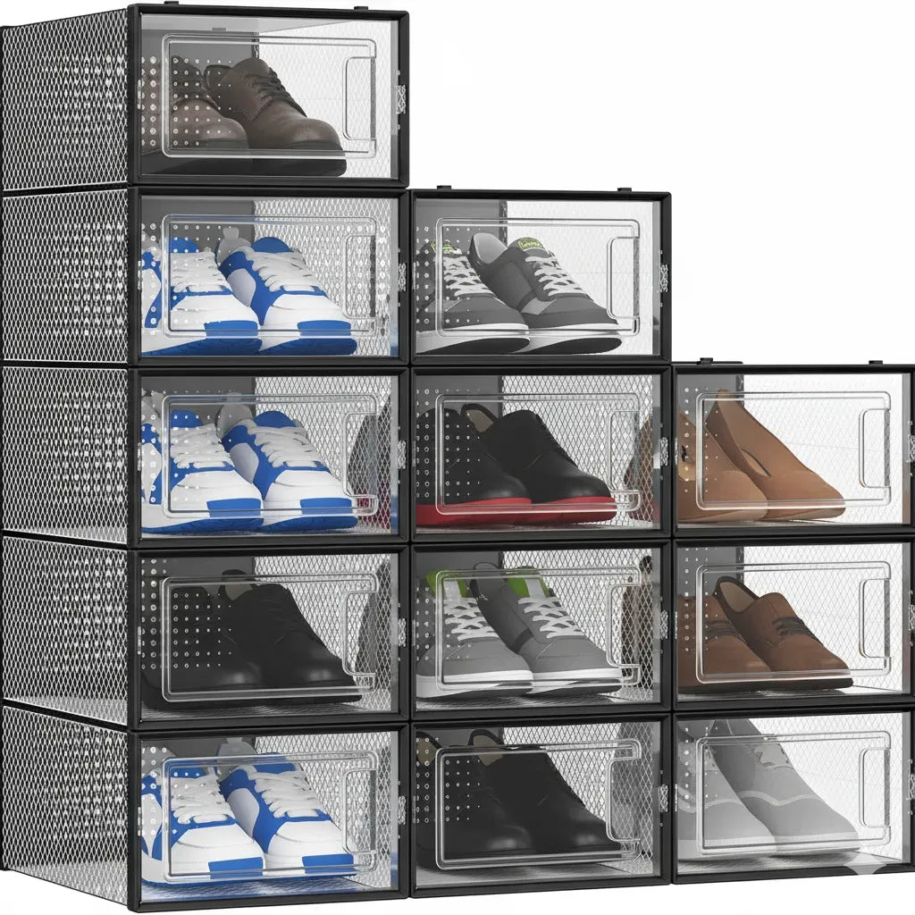 12-Pack Clear Shoe Storage Boxes - Stackable - Black - Shoe Box Storage