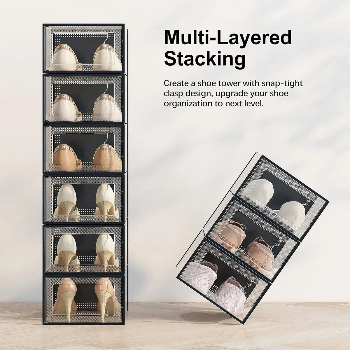 12-Pack Clear Shoe Storage Boxes - Stackable - Black - Shoe Box Storage
