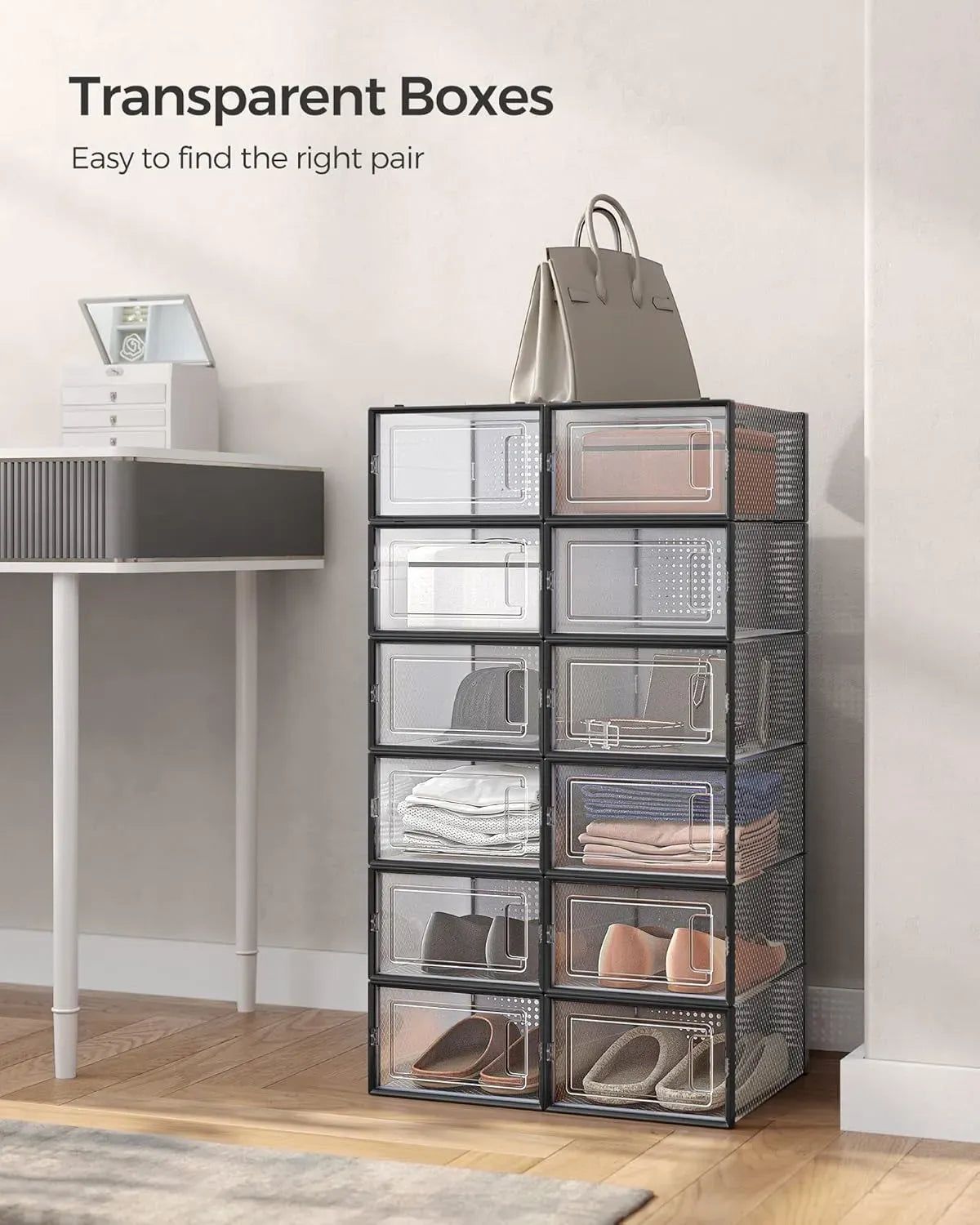 12-Pack Clear Shoe Storage Boxes - Stackable - Black - Shoe Box Storage