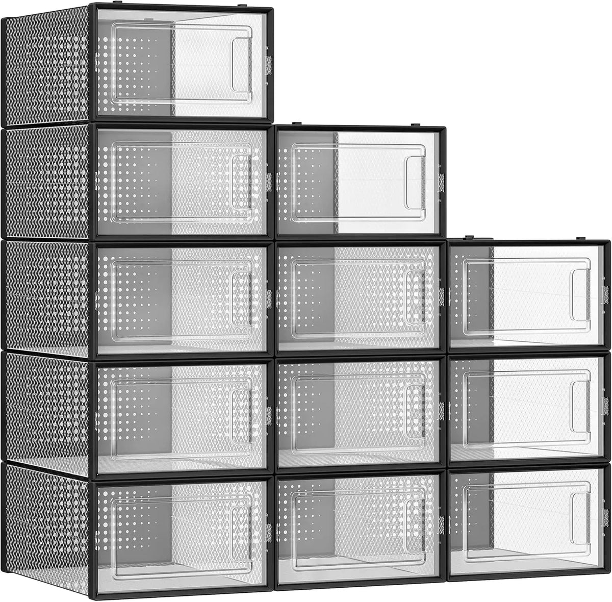 12-Pack Clear Shoe Storage Boxes - Stackable - Black - Shoe Box Storage