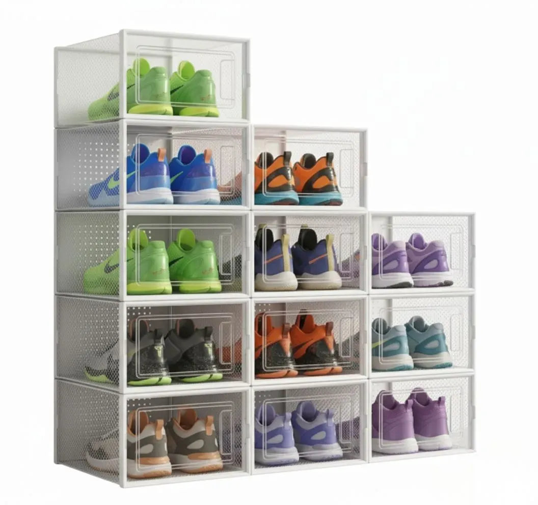 12-Pack Clear Shoe Storage Boxes - Stackable - White - Shoe Box Storage