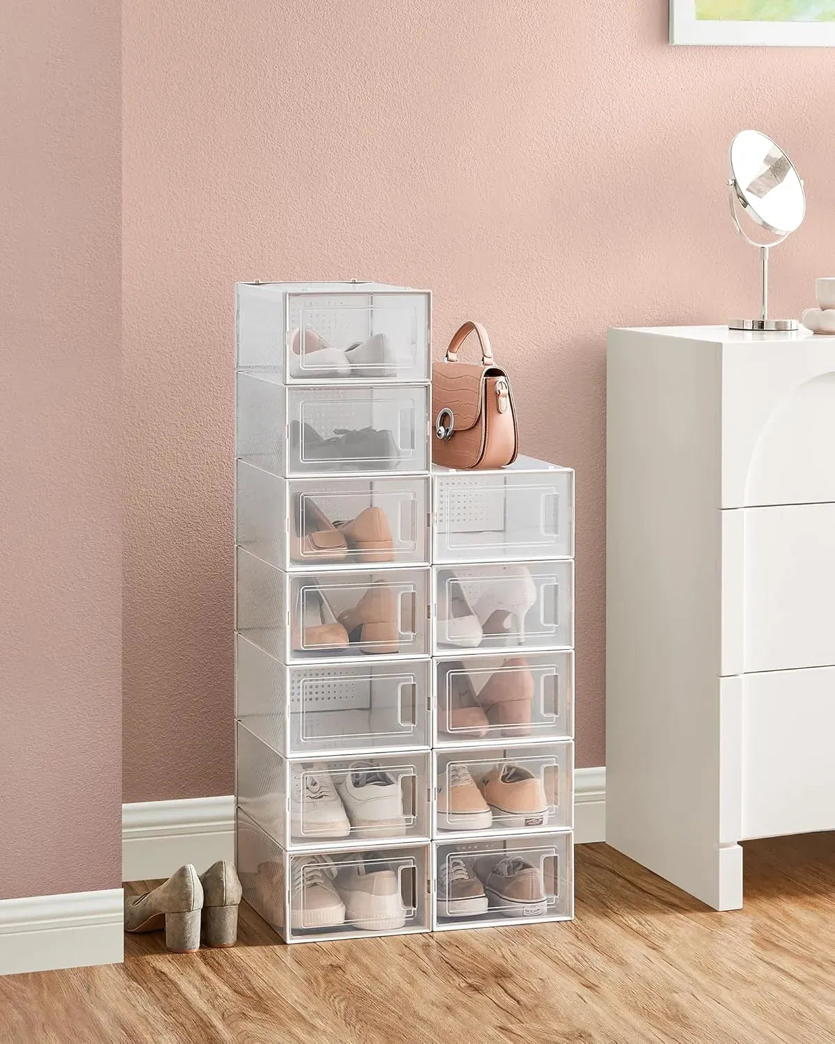 12-Pack Clear Shoe Storage Boxes - Stackable - White - Shoe Box Storage