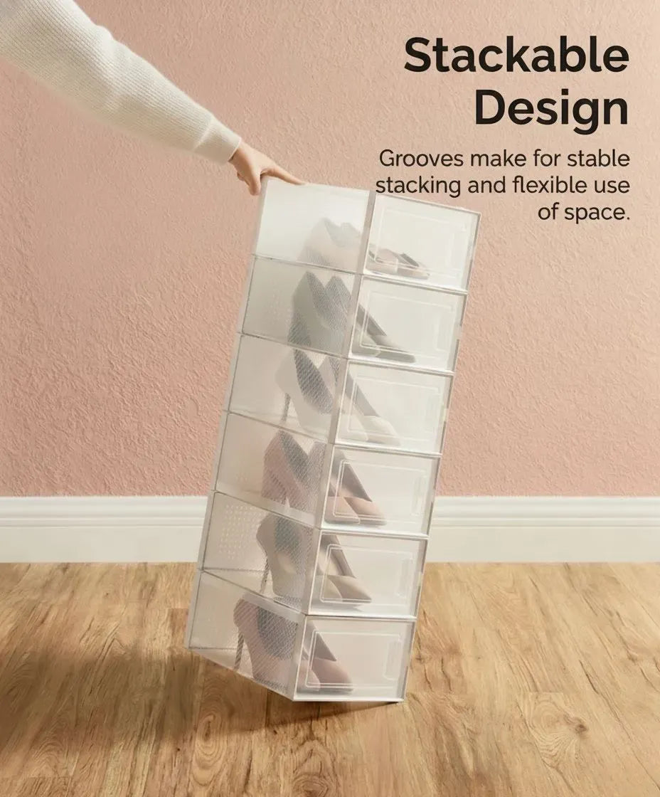 12-Pack Clear Shoe Storage Boxes - Stackable - White - Shoe Box Storage
