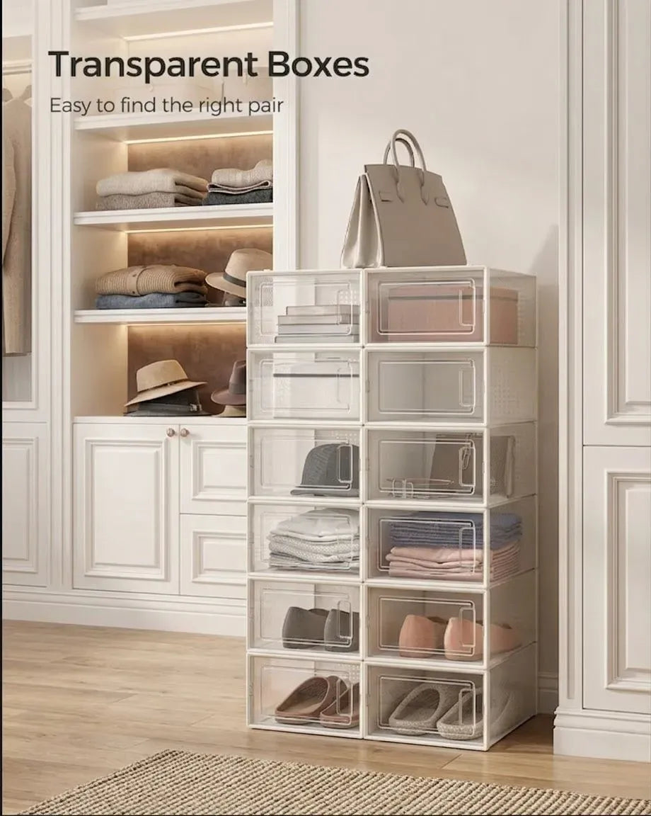12-Pack Clear Shoe Storage Boxes - Stackable - White - Shoe Box Storage