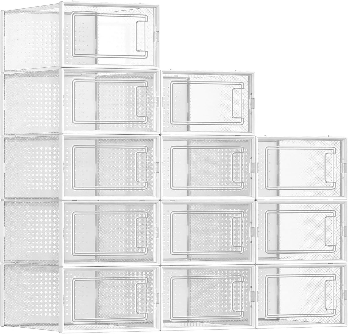 12-Pack Clear Shoe Storage Boxes - Stackable - White - Shoe Box Storage