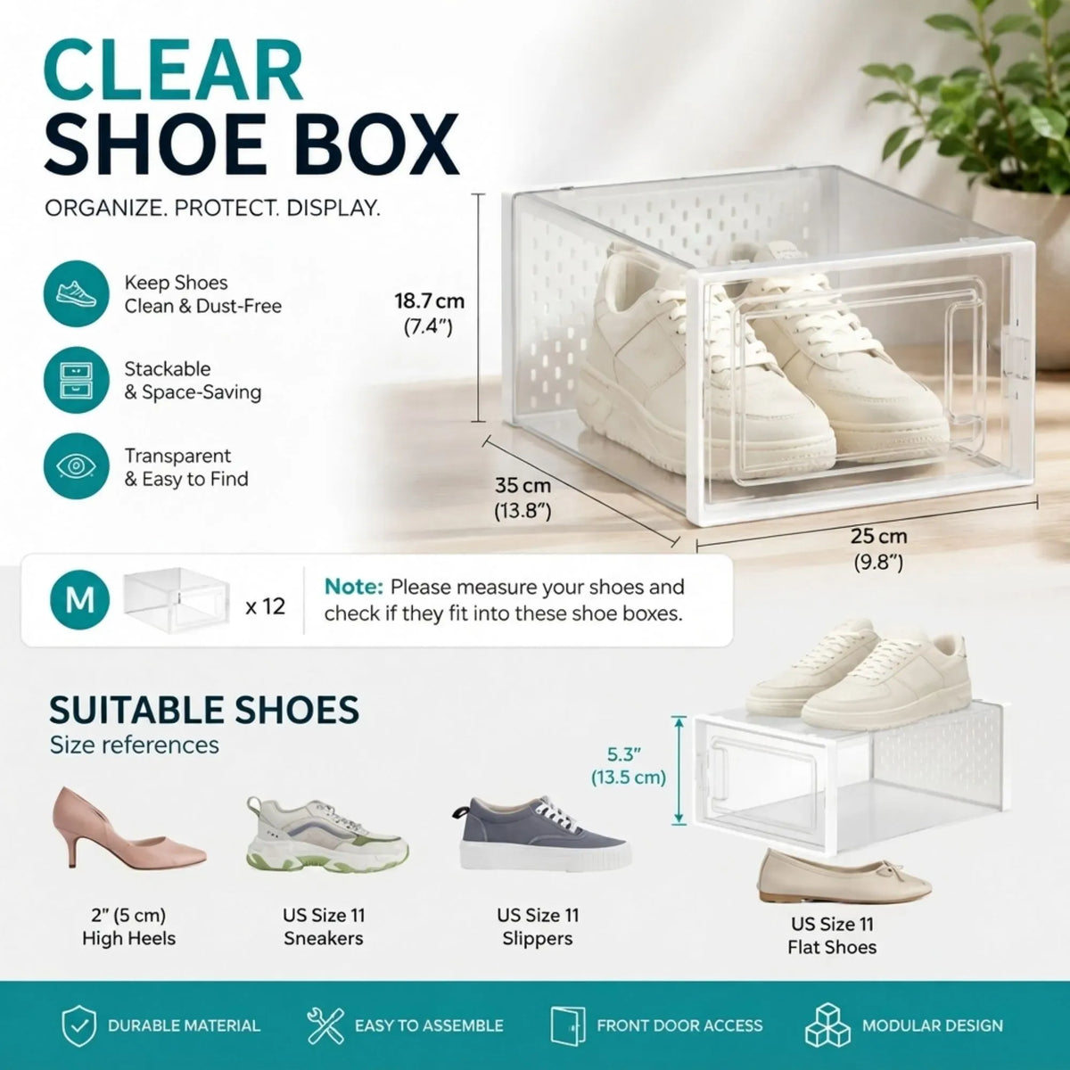 CARLA HOME 12 Pack Clear Stackable Shoe Boxes 35x25x19cm, Fits Up to AU Size 12