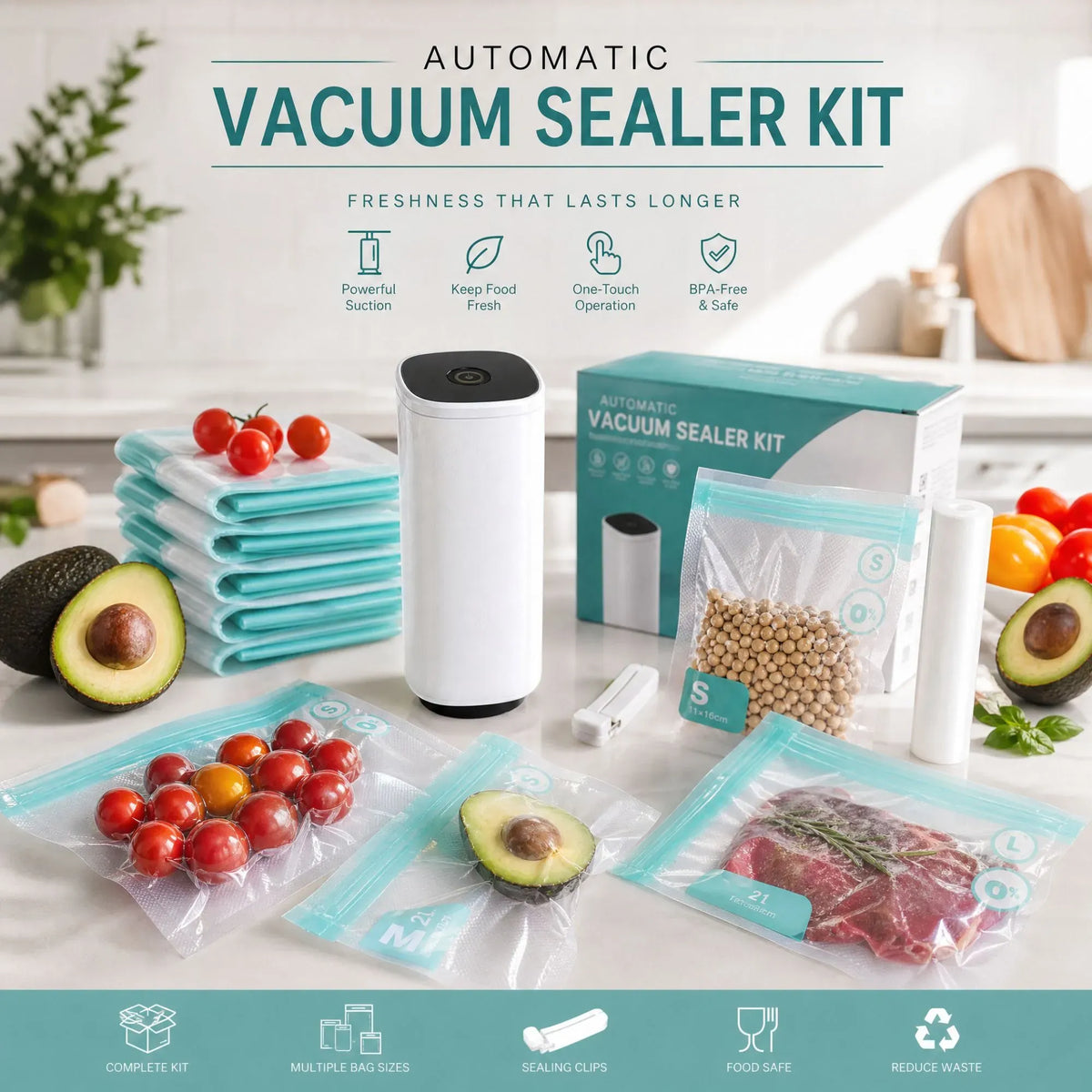 CARLA HOME Handheld Vacuum Sealer Kit with 10 Reusable Bags, Food Saver, White