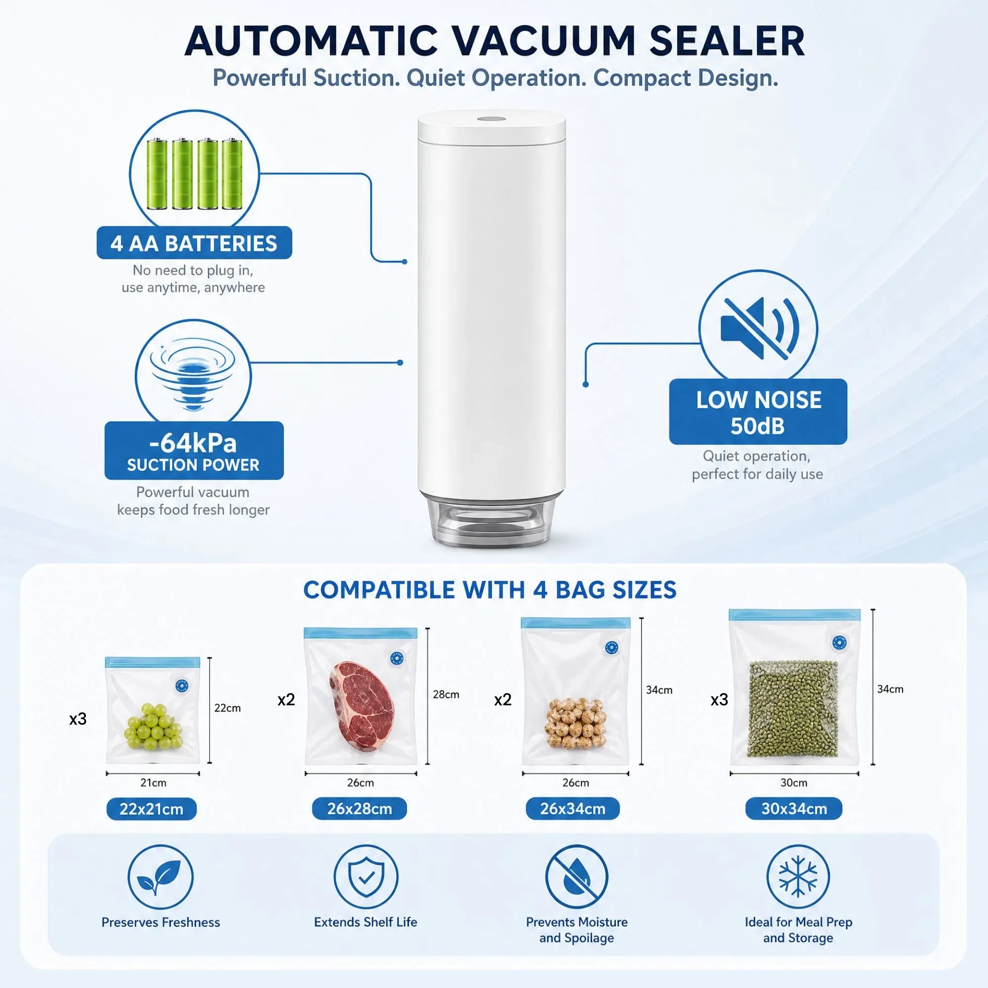 Automatic Vacuum Sealer Kit - 10 Reusable Bags - White - Food Vacuum Set