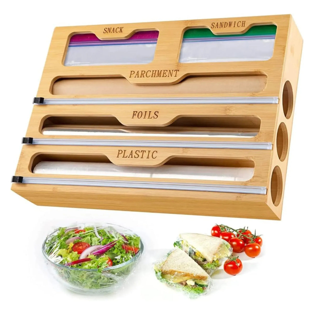 Bamboo Wrap Organiser, 5 in 1 Dispenser with Cutter for Kitchen