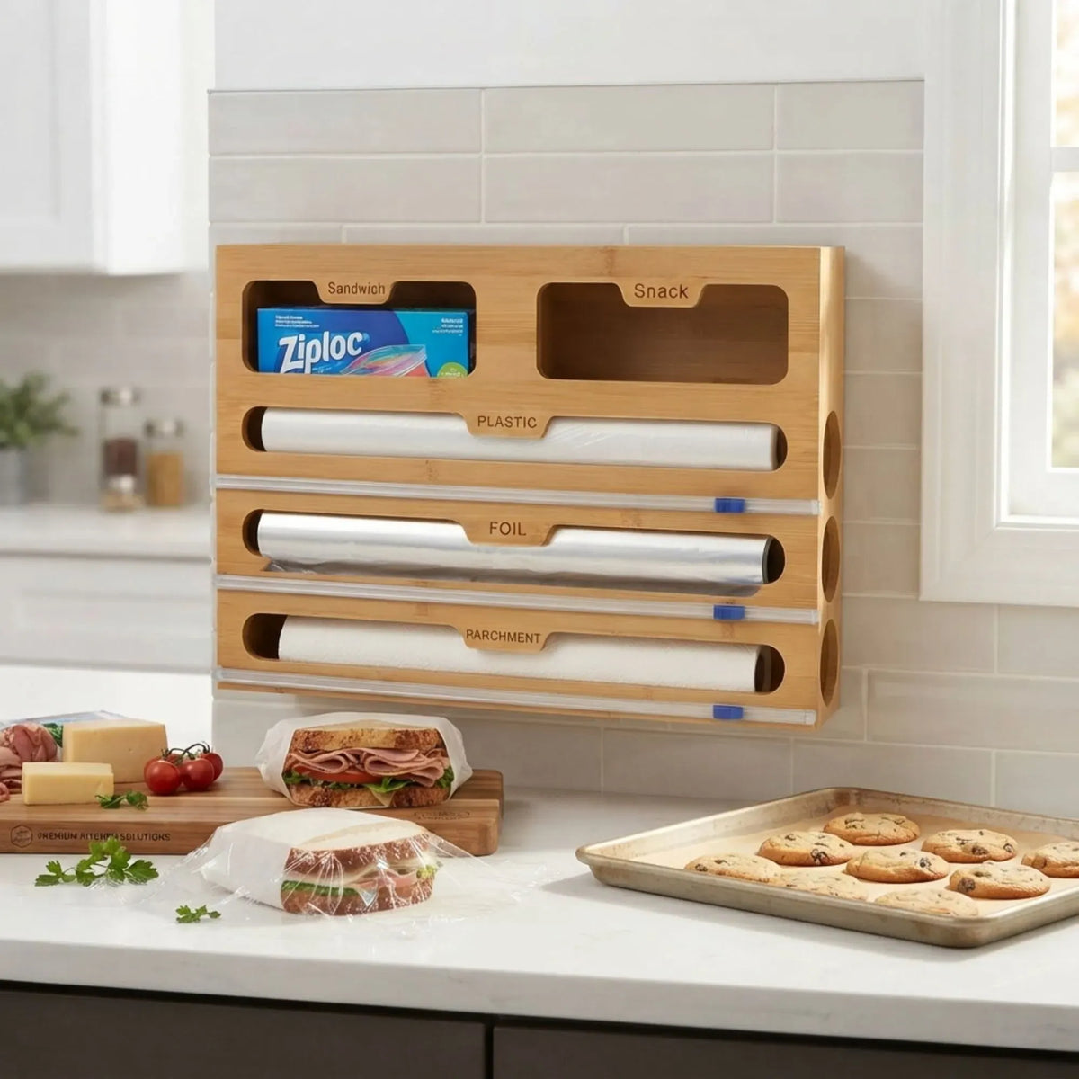 Bamboo Wrap Organiser, 5 in 1 Dispenser with Cutter for Kitchen