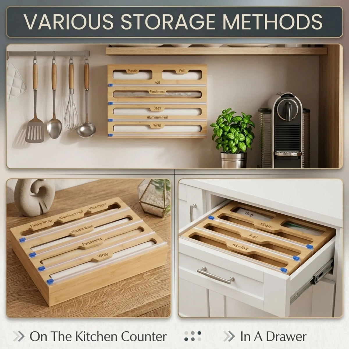 Bamboo Wrap Organiser, 5 in 1 Dispenser with Cutter for Kitchen