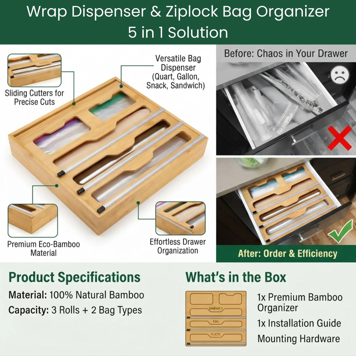 Bamboo Wrap Organiser, 5 in 1 Dispenser with Cutter for Kitchen