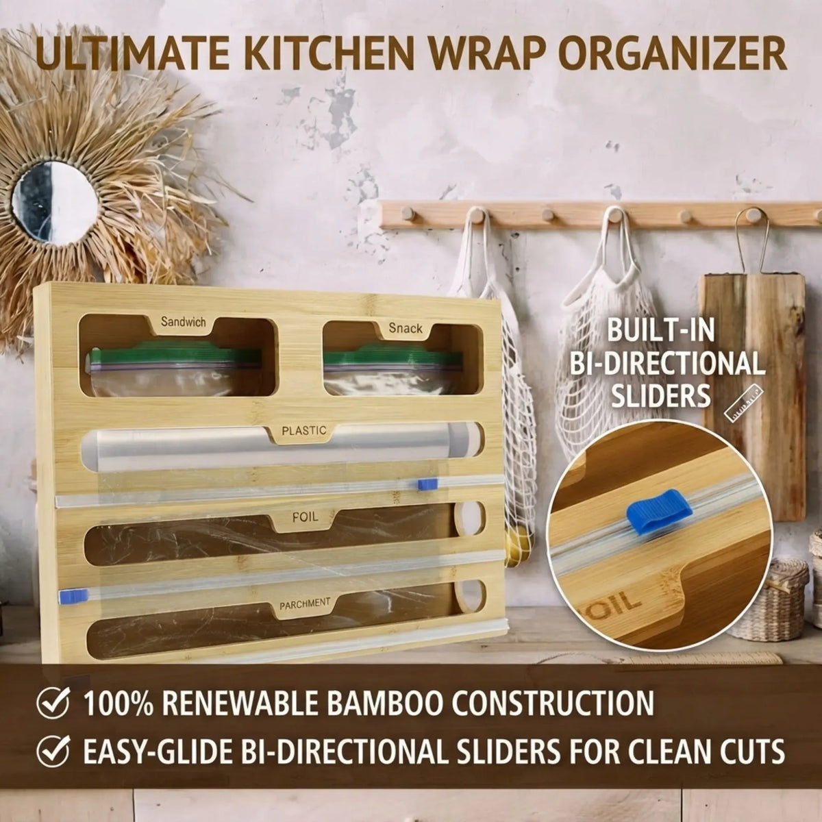 Bamboo Wrap Organiser, 5 in 1 Dispenser with Cutter for Kitchen