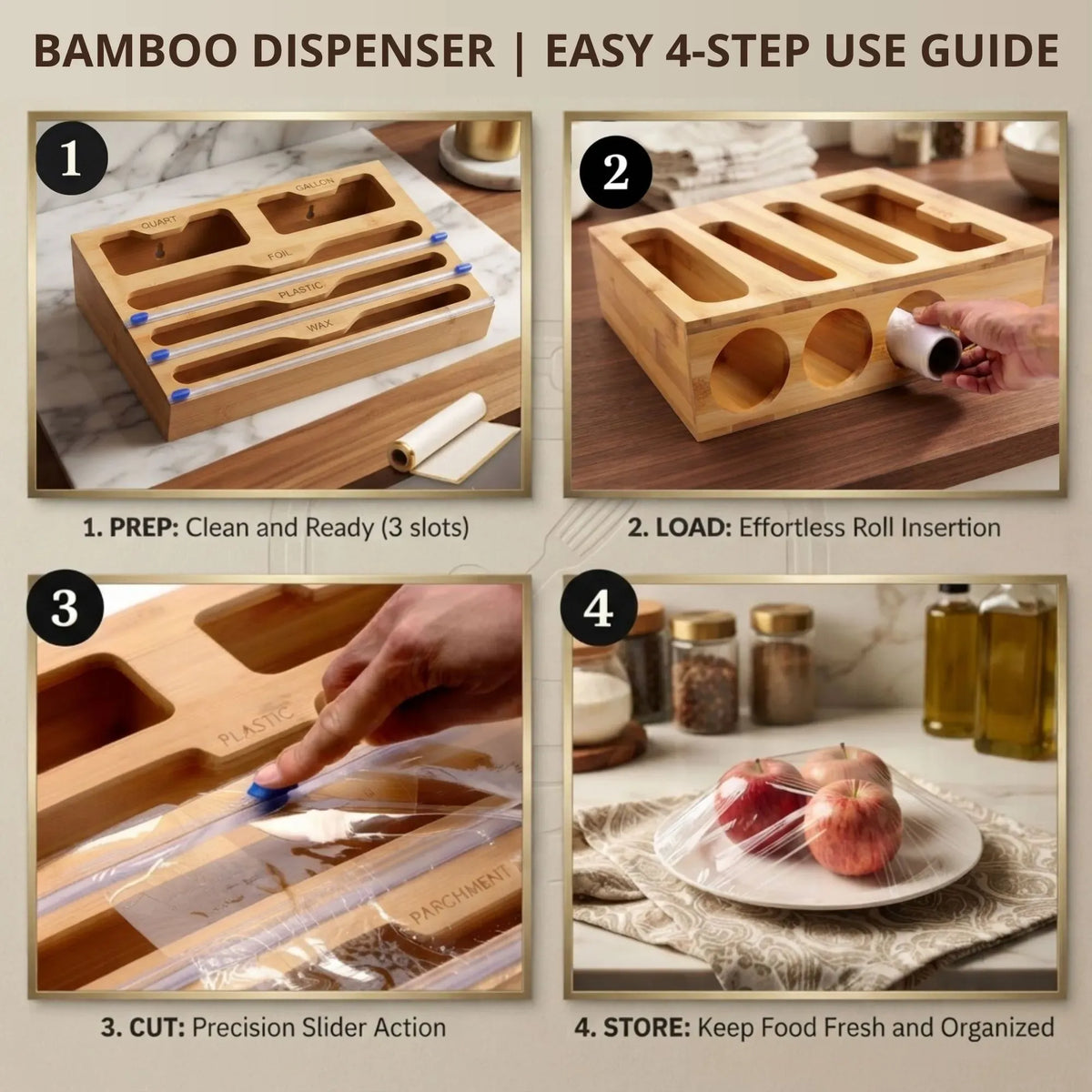 Bamboo Wrap Organiser, 5 in 1 Dispenser with Cutter for Kitchen