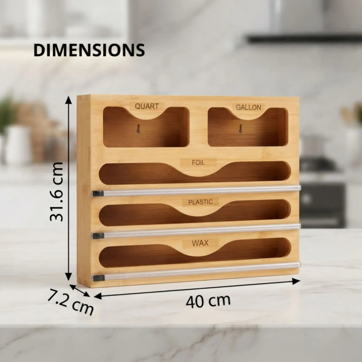 Bamboo Wrap Organiser, 5 in 1 Dispenser with Cutter for Kitchen