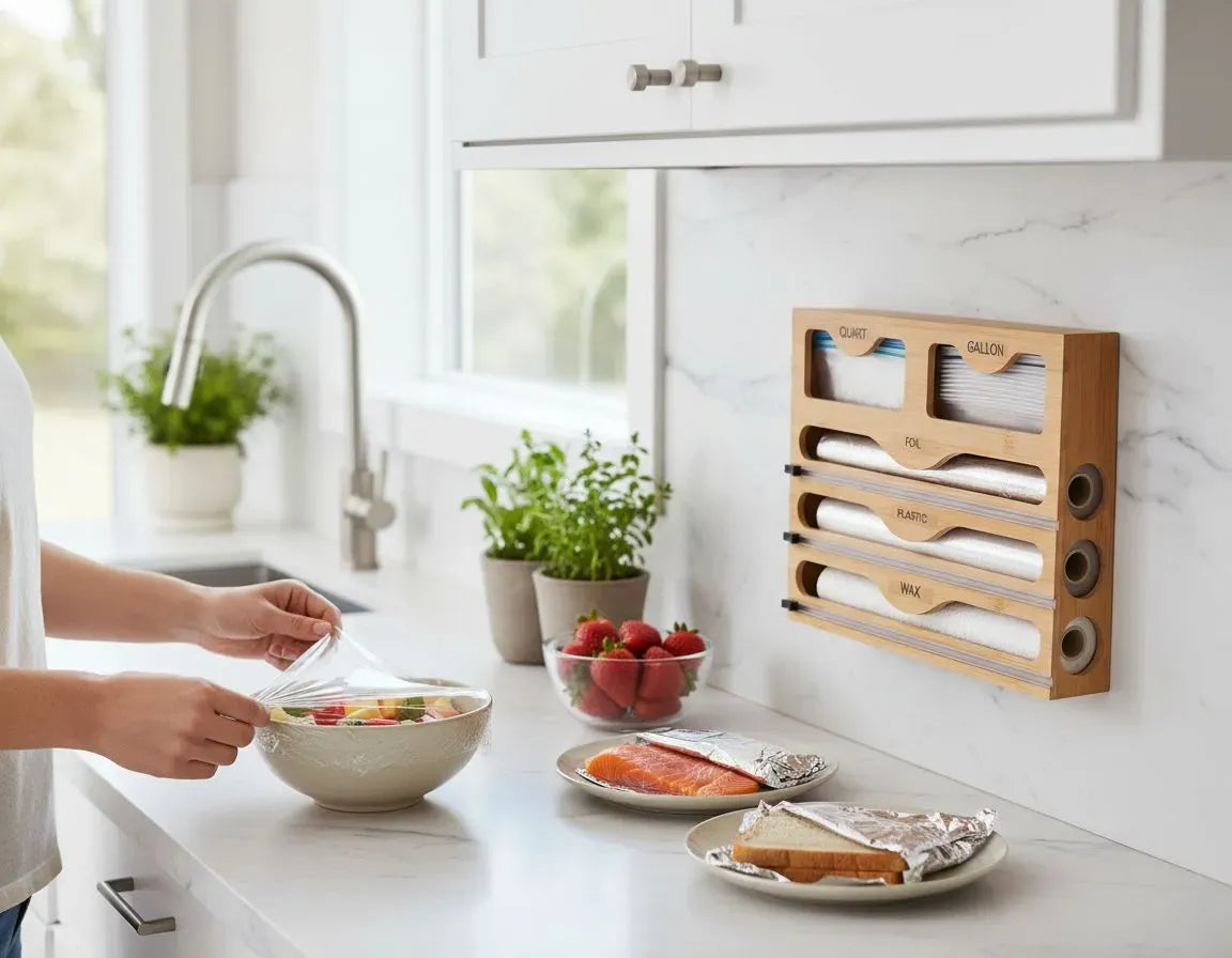 Bamboo Wrap Organiser, 5 in 1 Dispenser with Cutter for Kitchen