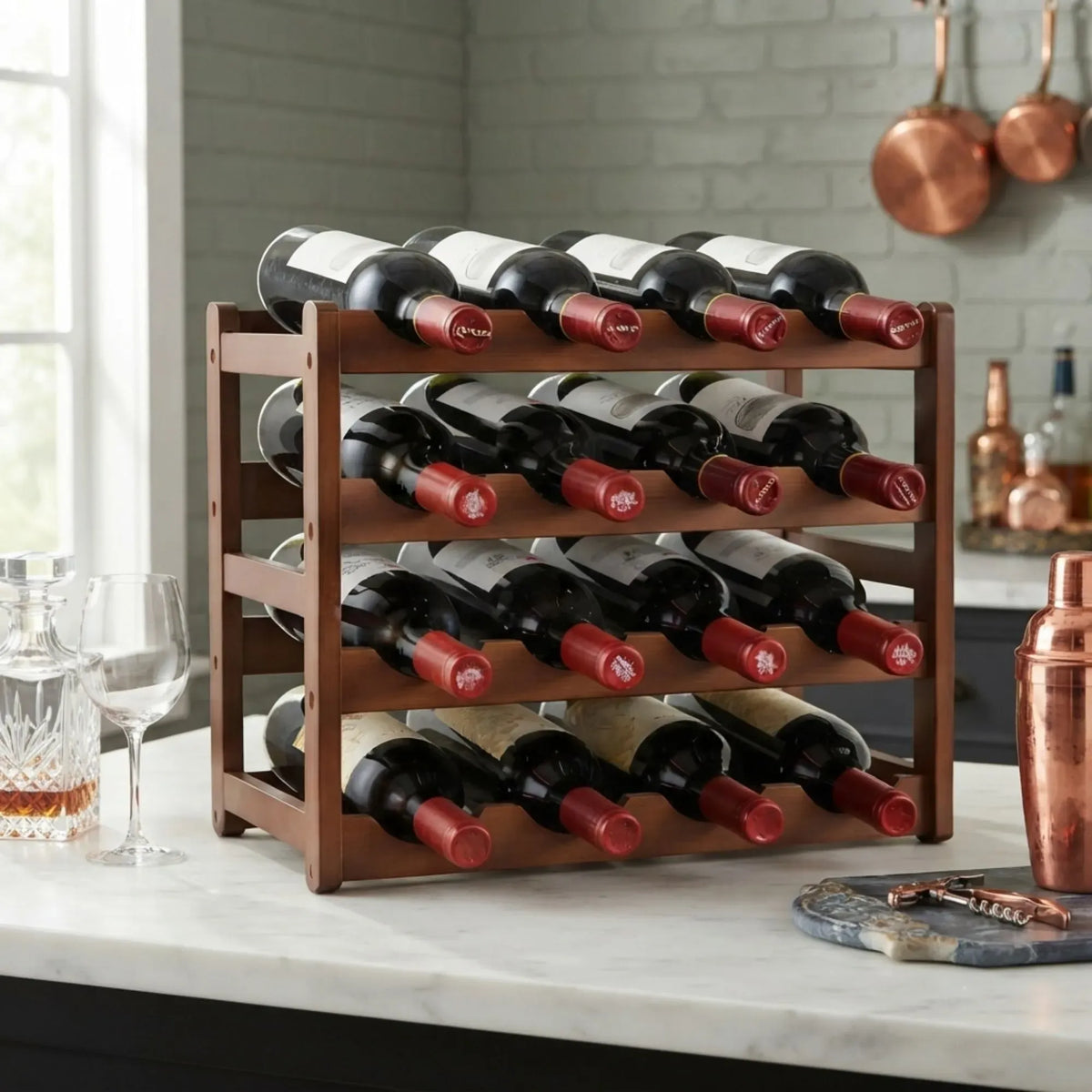 4 Tier Wooden Wine Rack, 16 Bottle Storage, Brown