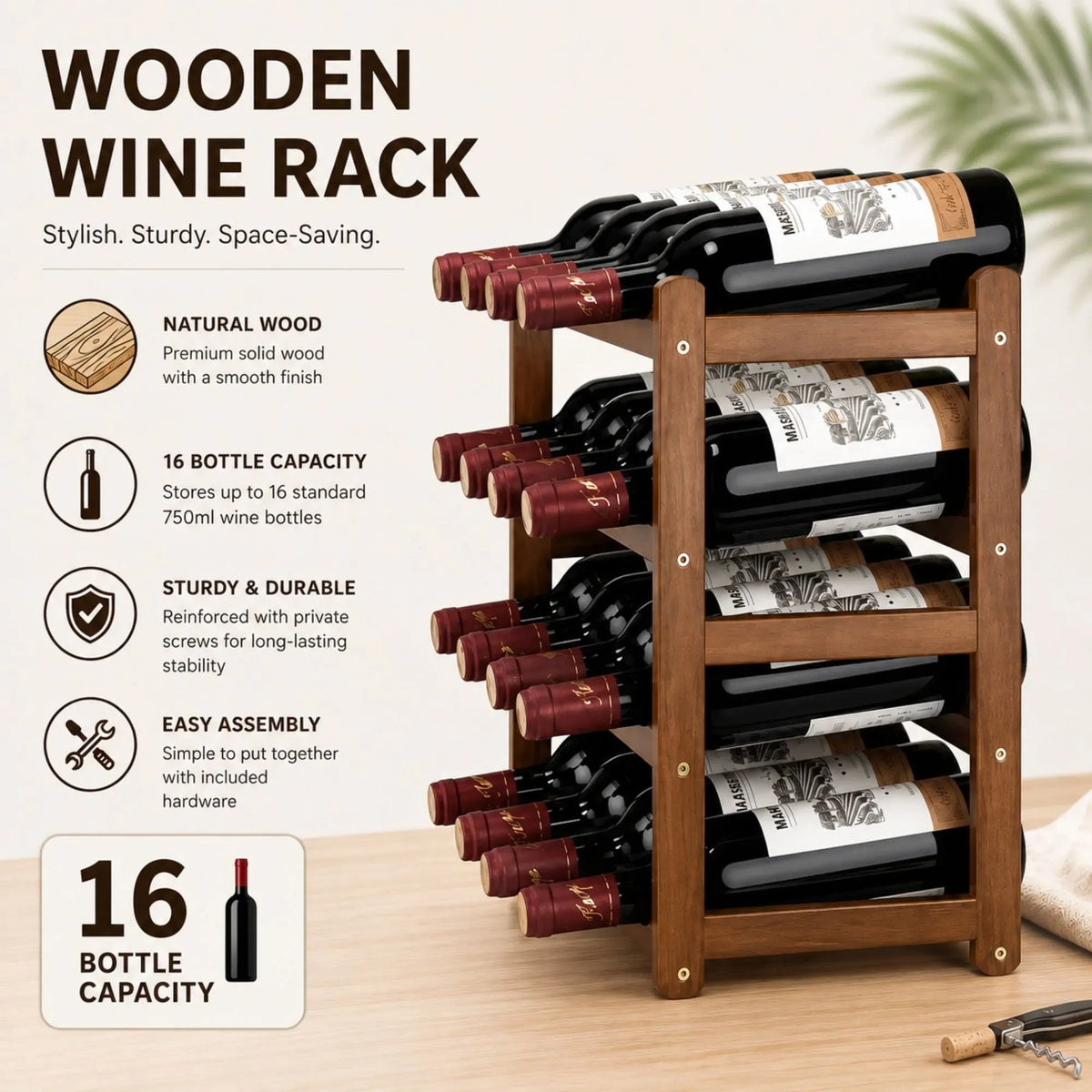 4 Tier Wooden Wine Rack, 16 Bottle Storage, Brown