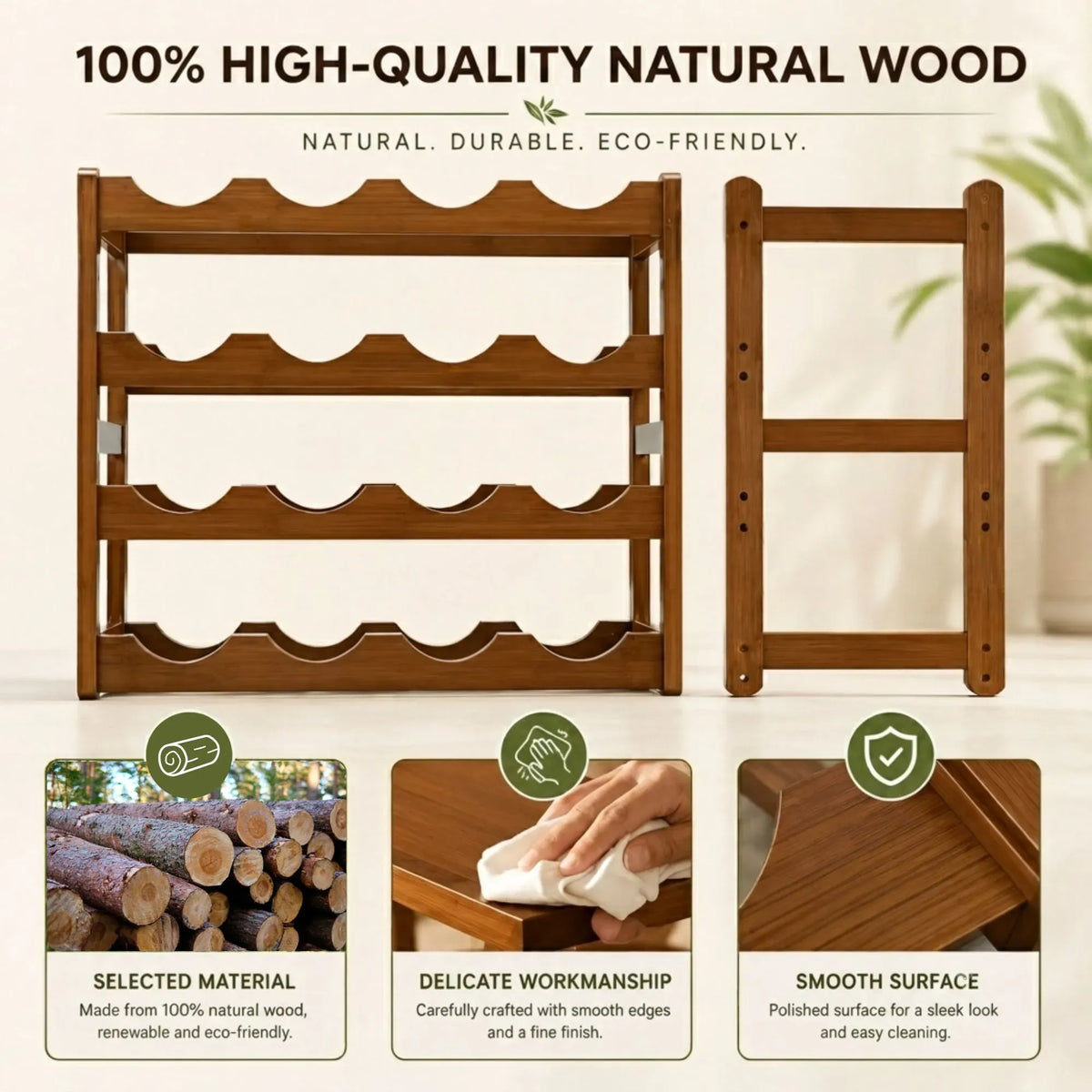 4 Tier Wooden Wine Rack, 16 Bottle Storage, Brown