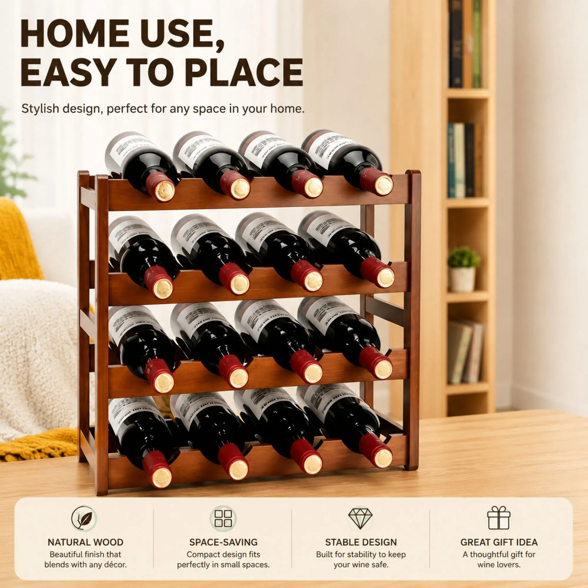 4 Tier Wooden Wine Rack, 16 Bottle Storage, Brown