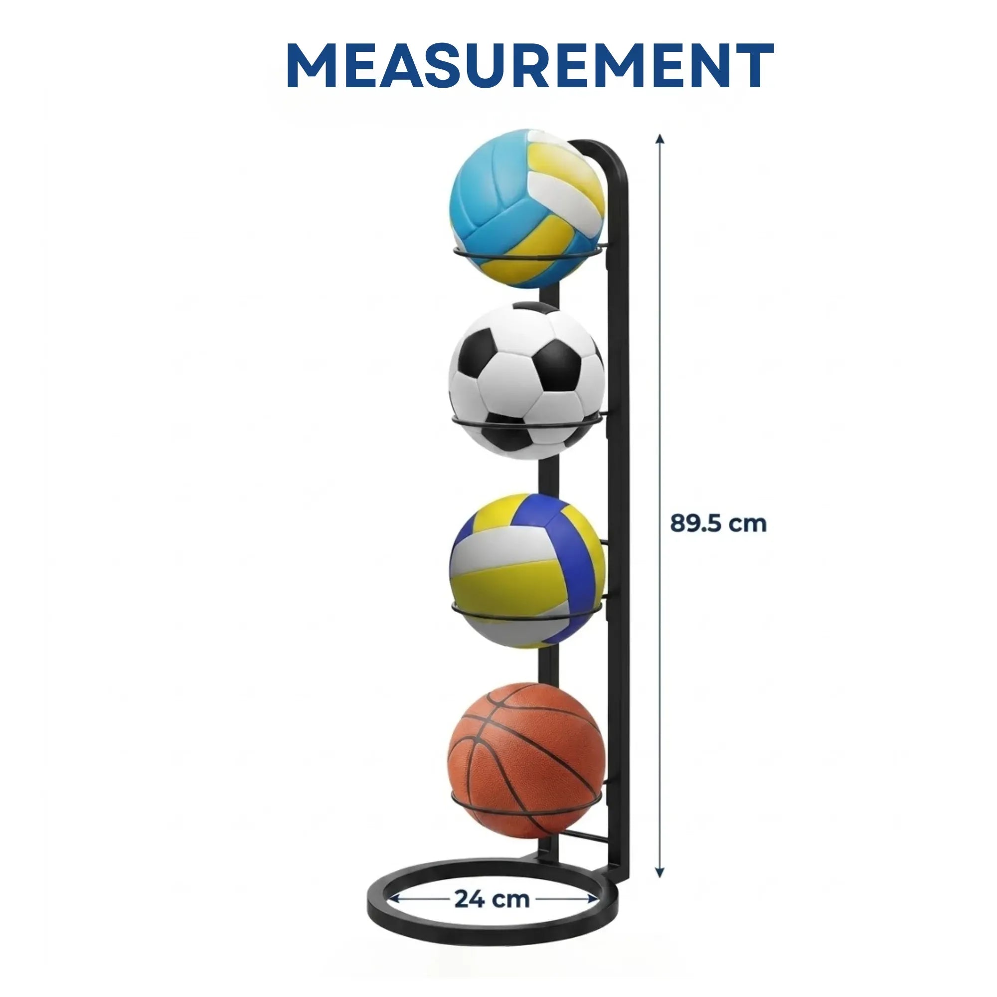 4 Tier Ball Storage Rack - Vertical Metal Stand - Black - Basketball Hoop