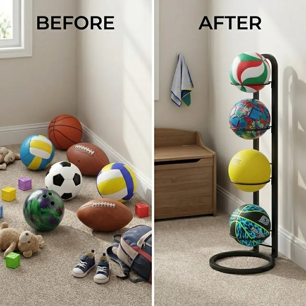 4 Tier Ball Storage Rack - Vertical Metal Stand - Black - Basketball Hoop