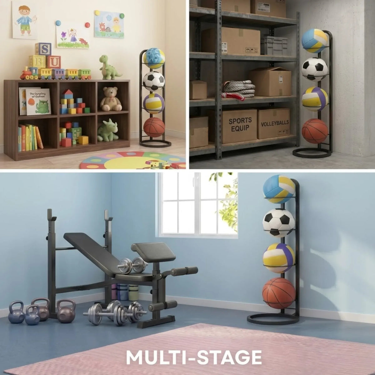 4 Tier Ball Storage Rack - Vertical Metal Stand - Black - Basketball Hoop