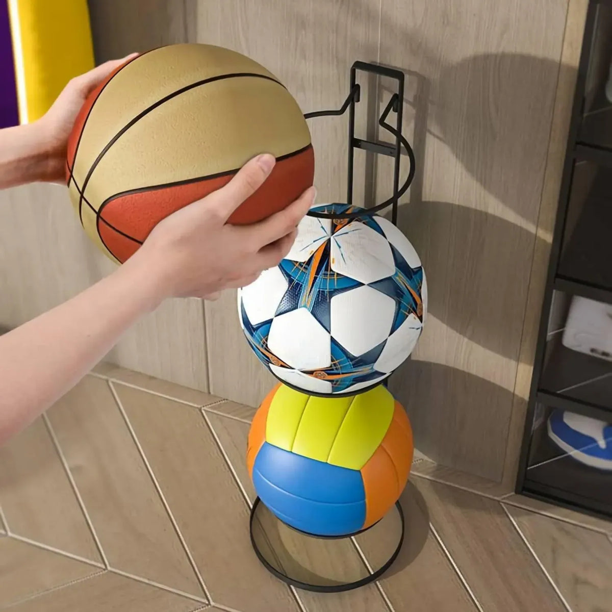 4 Tier Ball Storage Rack - Vertical Metal Stand - Black - Basketball Hoop