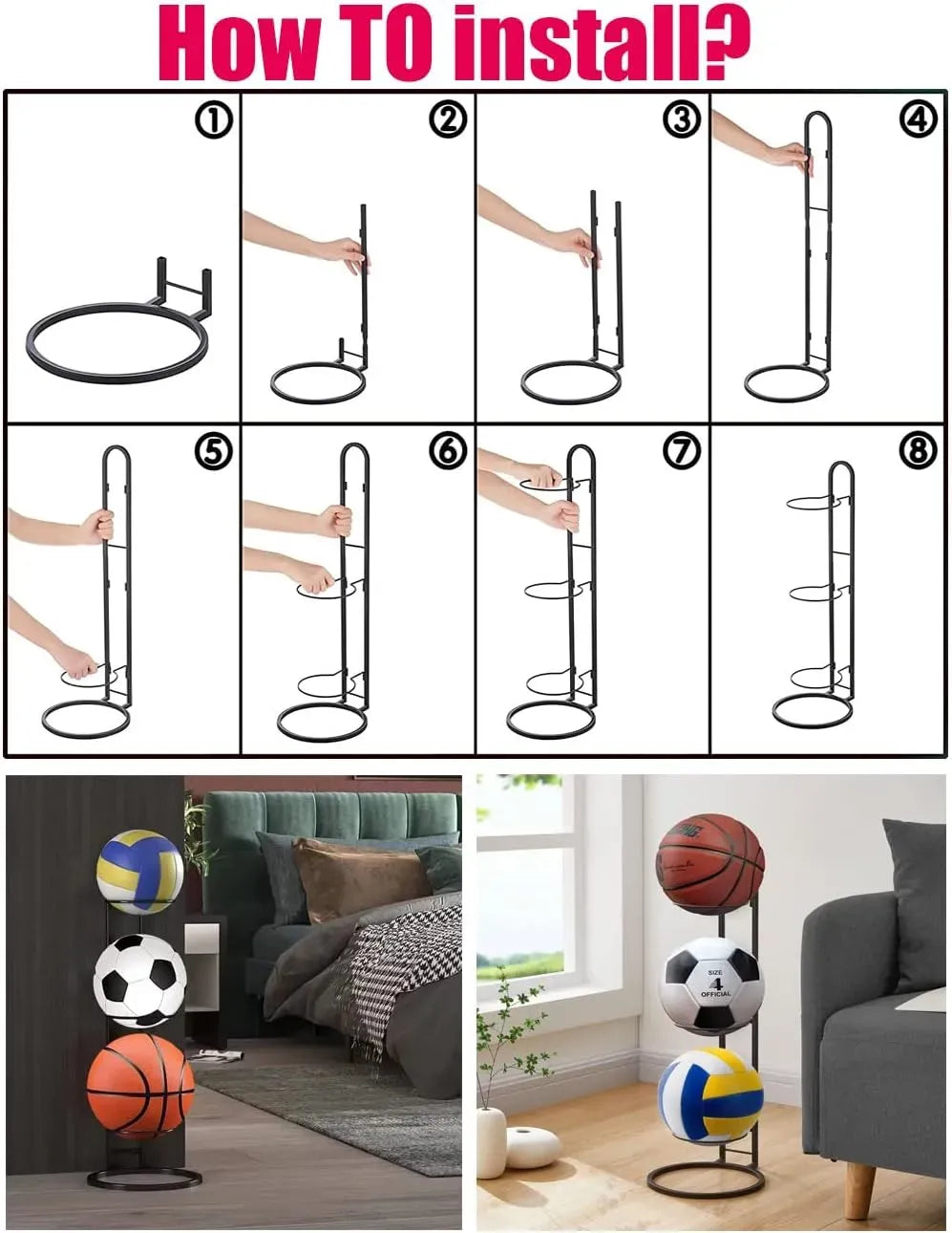4 Tier Ball Storage Rack - Vertical Metal Stand - Black - Basketball Hoop