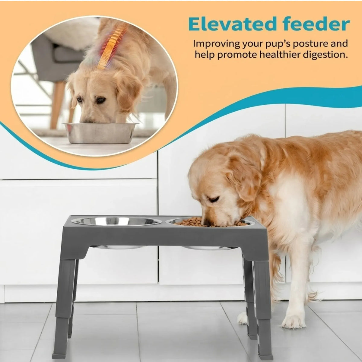 Raised Dog Bowl Stand - 4 - Height Adjustable - Black - Pet Feeder - Metal