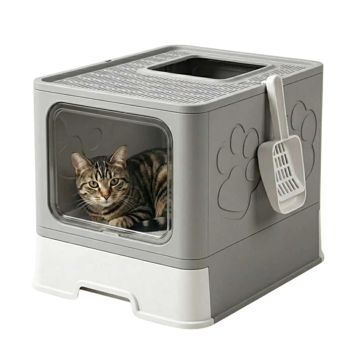 Foldable Enclosed Cat Litter Box with Scoop - Grey - Plastic - Kitty Litter Tray