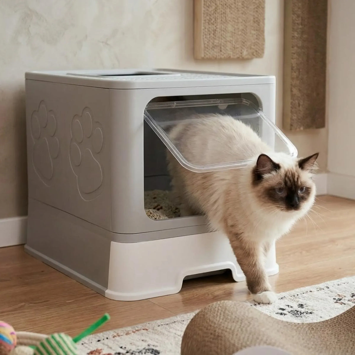 Foldable Enclosed Cat Litter Box with Scoop - Grey - Plastic - Kitty Litter Tray