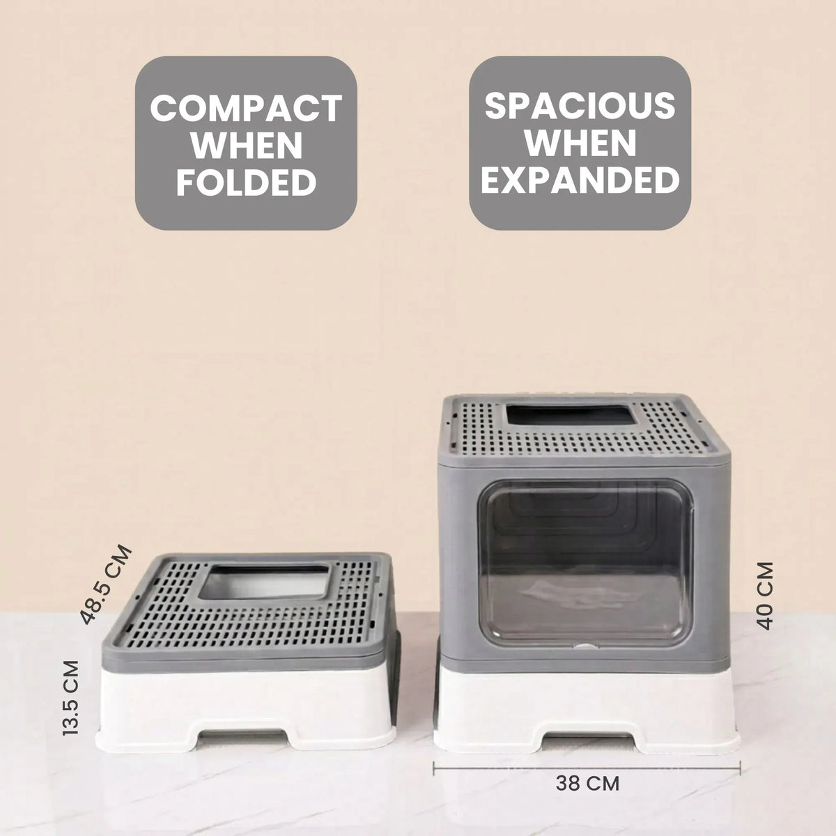 Foldable Enclosed Cat Litter Box with Scoop - Grey - Plastic - Kitty Litter Tray