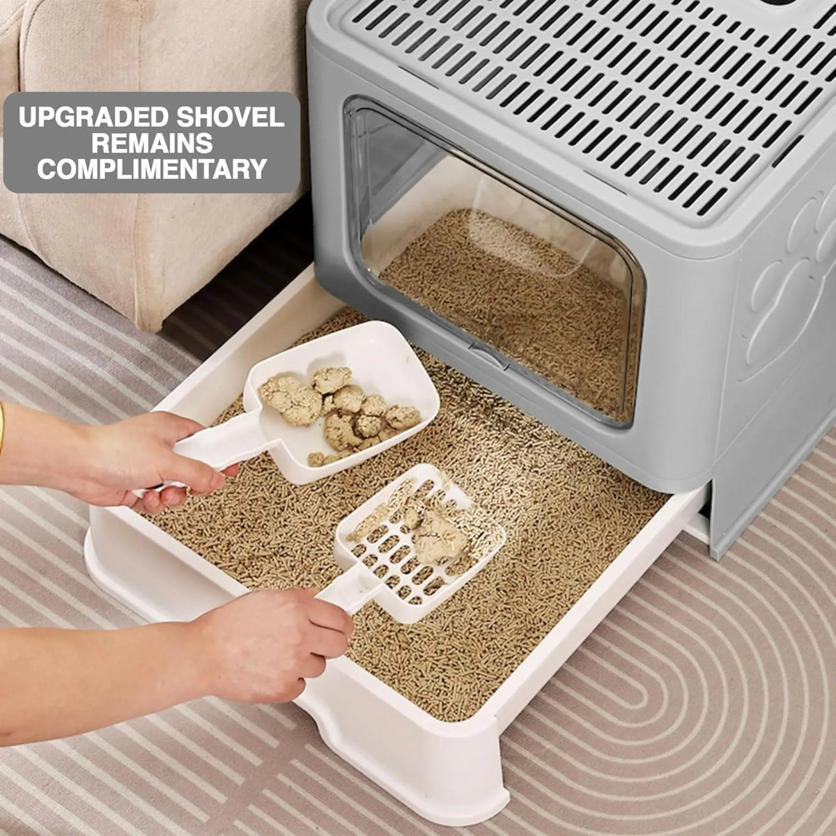 Foldable Enclosed Cat Litter Box with Scoop - Grey - Plastic - Kitty Litter Tray