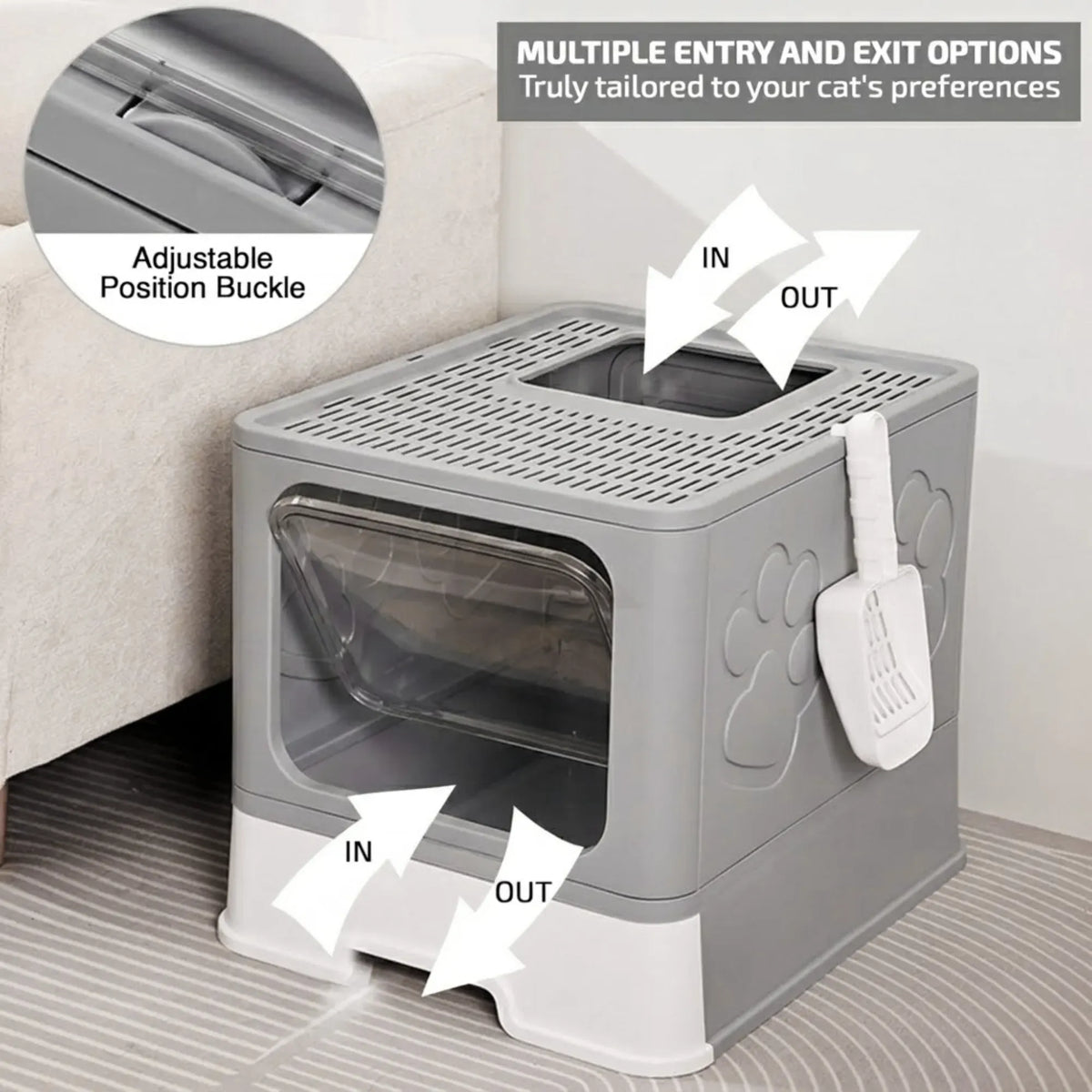 Foldable Enclosed Cat Litter Box with Scoop - Grey - Plastic - Kitty Litter Tray