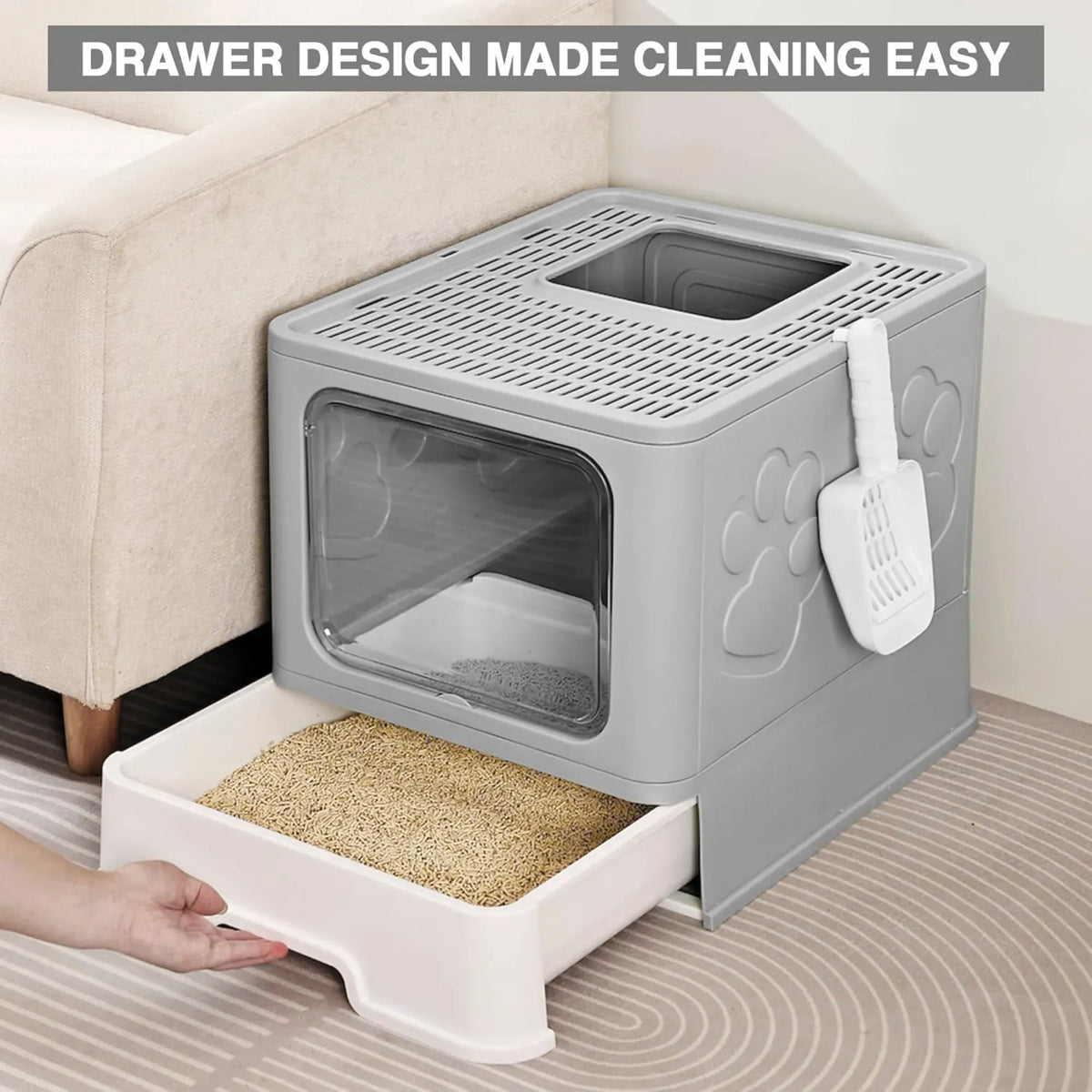 Foldable Enclosed Cat Litter Box with Scoop - Grey - Plastic - Kitty Litter Tray