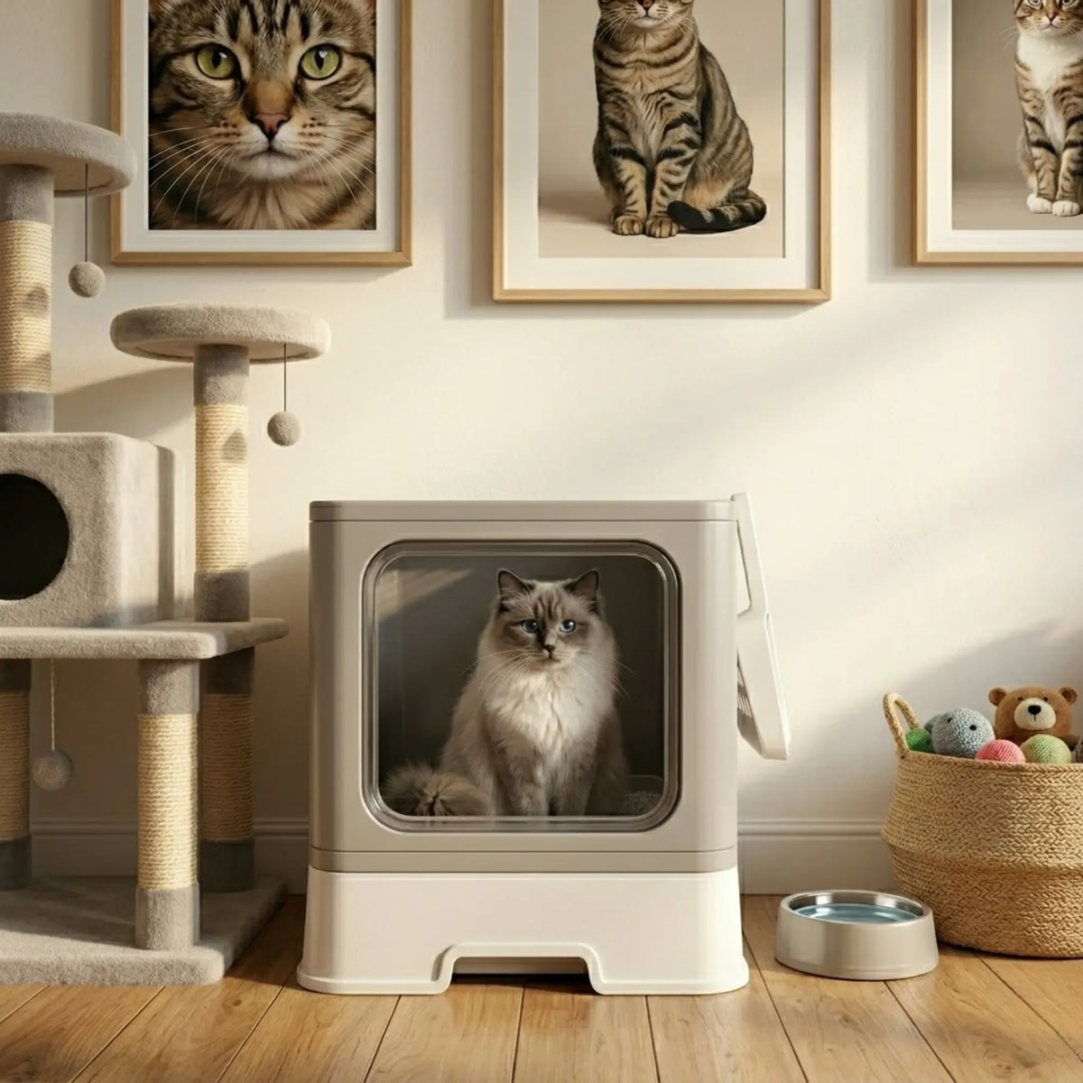 Foldable Enclosed Cat Litter Box with Scoop - Grey - Plastic - Kitty Litter Tray