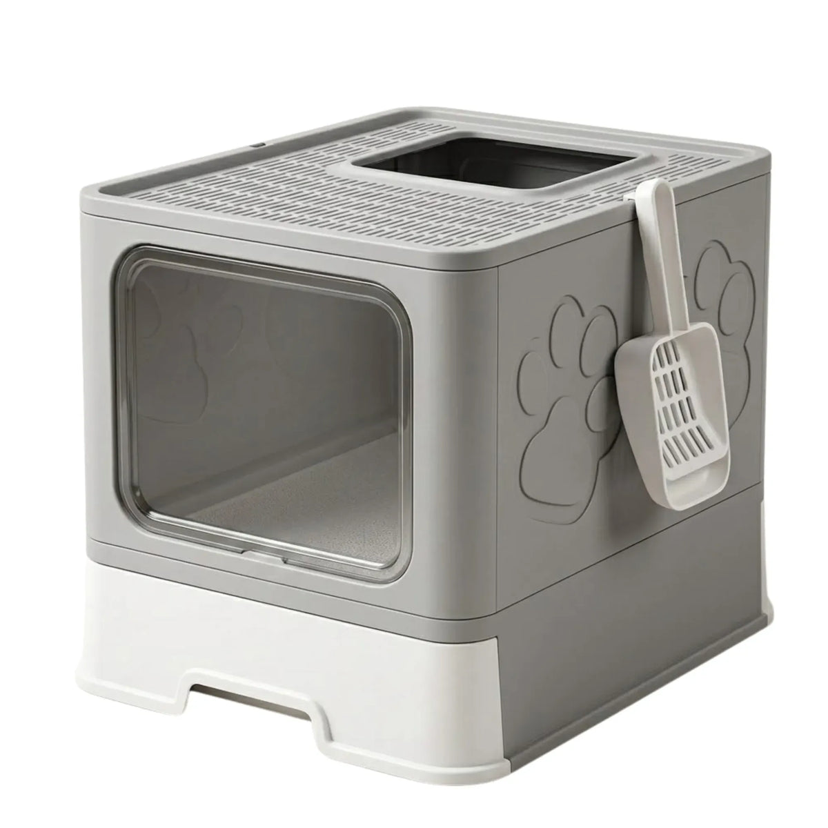 Foldable Enclosed Cat Litter Box with Scoop - Grey - Plastic - Kitty Litter Tray