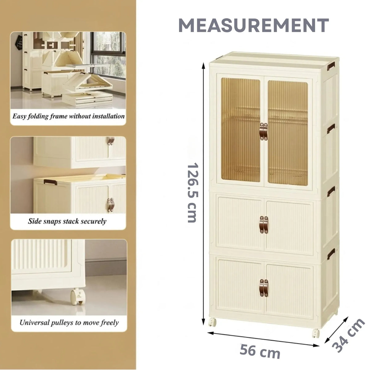 3 - Tier Foldable Wardrobe Cabinet - White - Plastic - Clothe Storage