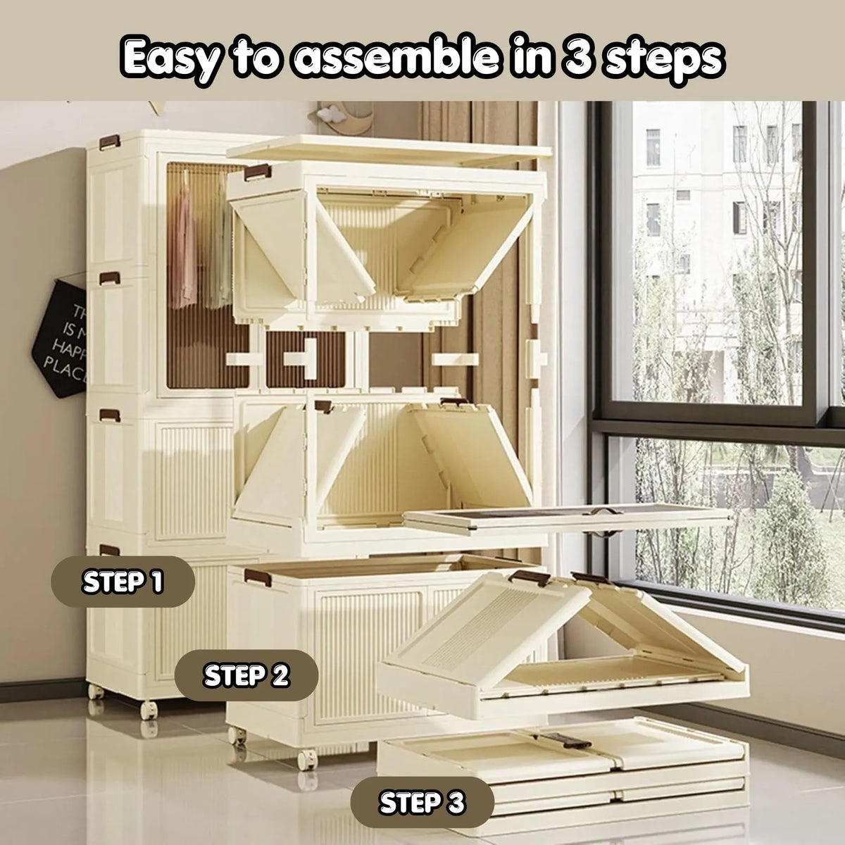 3 - Tier Foldable Wardrobe Cabinet - White - Plastic - Clothe Storage