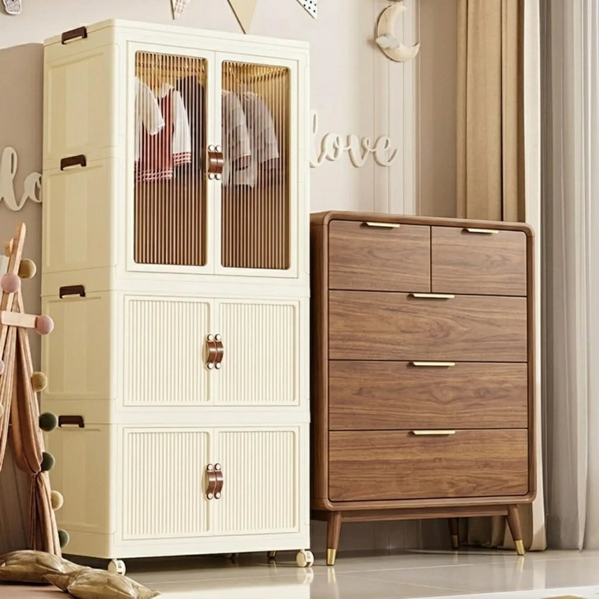 3 - Tier Foldable Wardrobe Cabinet - White - Plastic - Clothe Storage