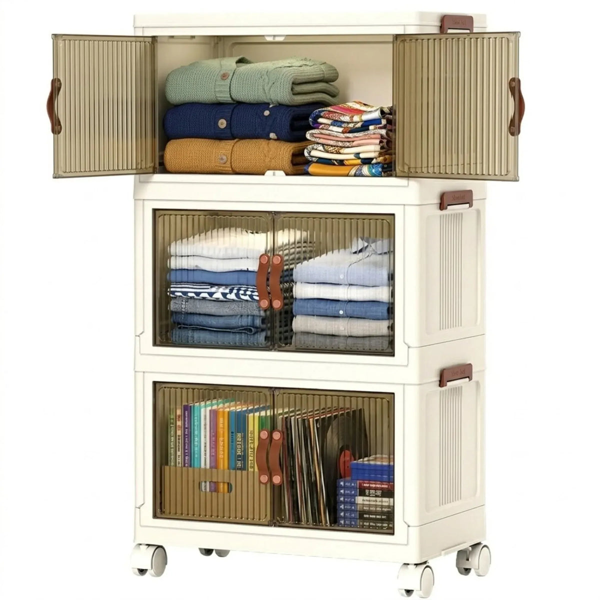 3 Tier Stackable Storage Cabinet with Wheels White - Storage Box - Plastic