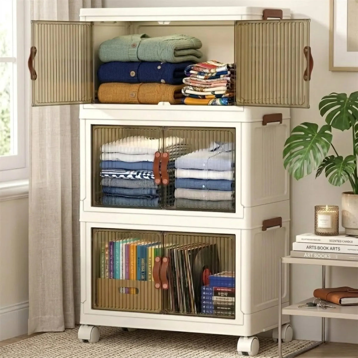 3 Tier Stackable Storage Cabinet with Wheels White - Storage Box - Plastic