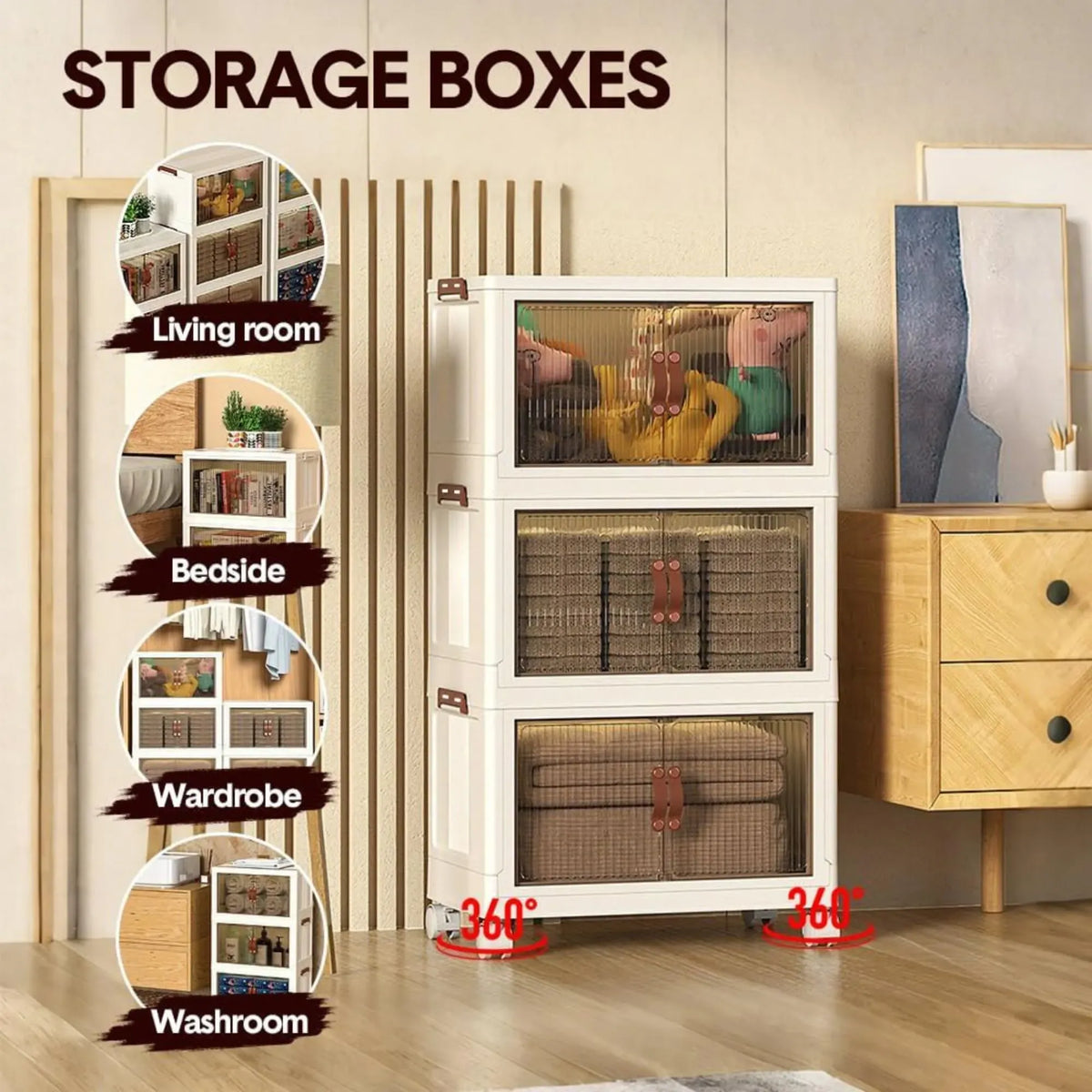 3 Tier Stackable Storage Cabinet with Wheels White - Storage Box - Plastic