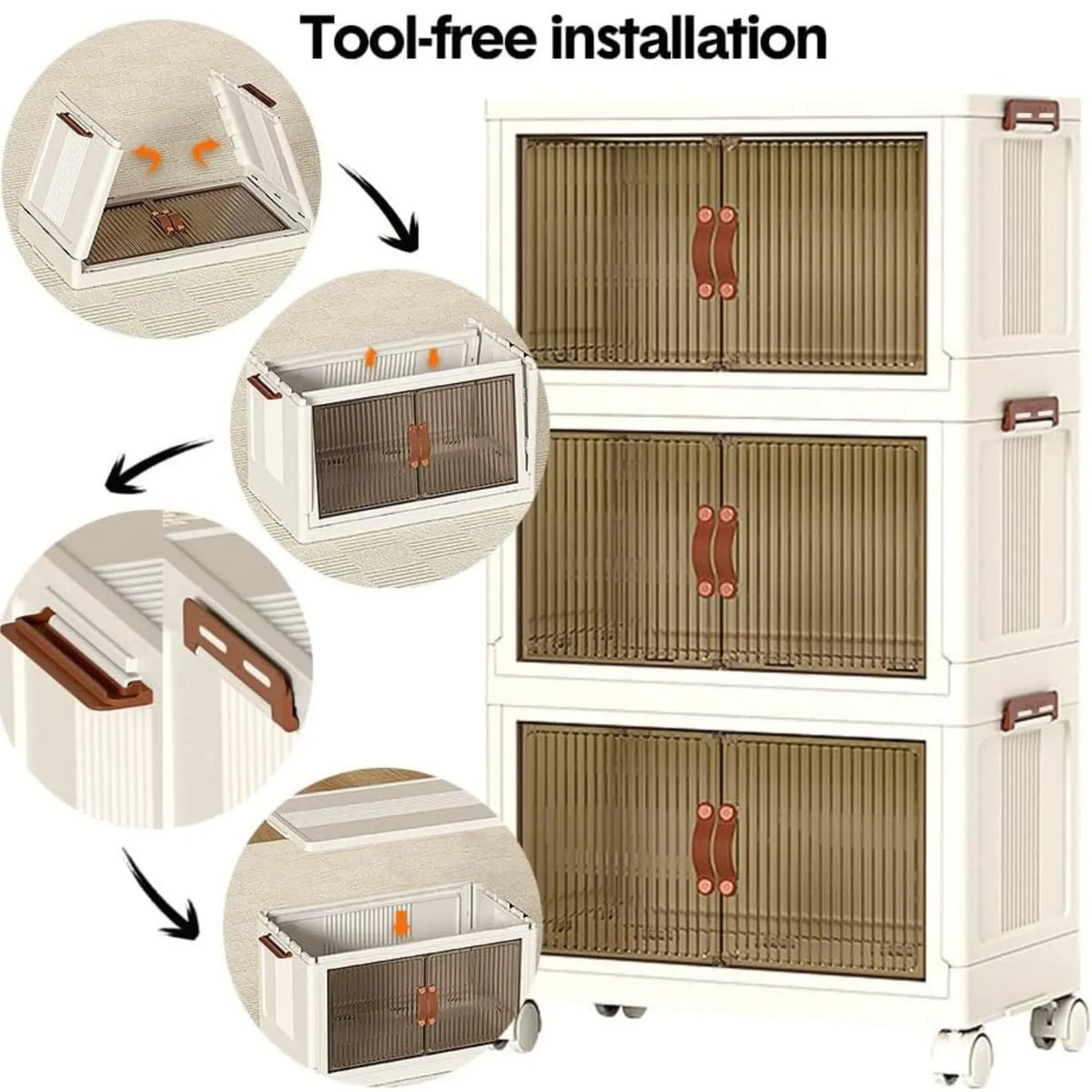 3 Tier Stackable Storage Cabinet with Wheels White - Storage Box - Plastic