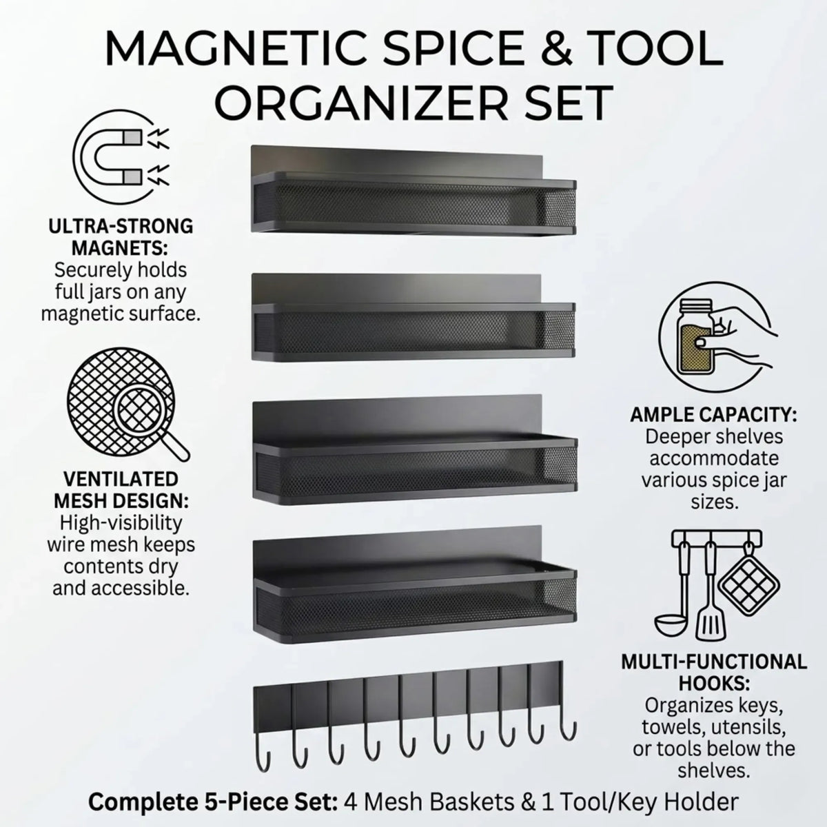 5 Pack Magnetic Spice Rack for Fridge Kitchen with Hook Bar
