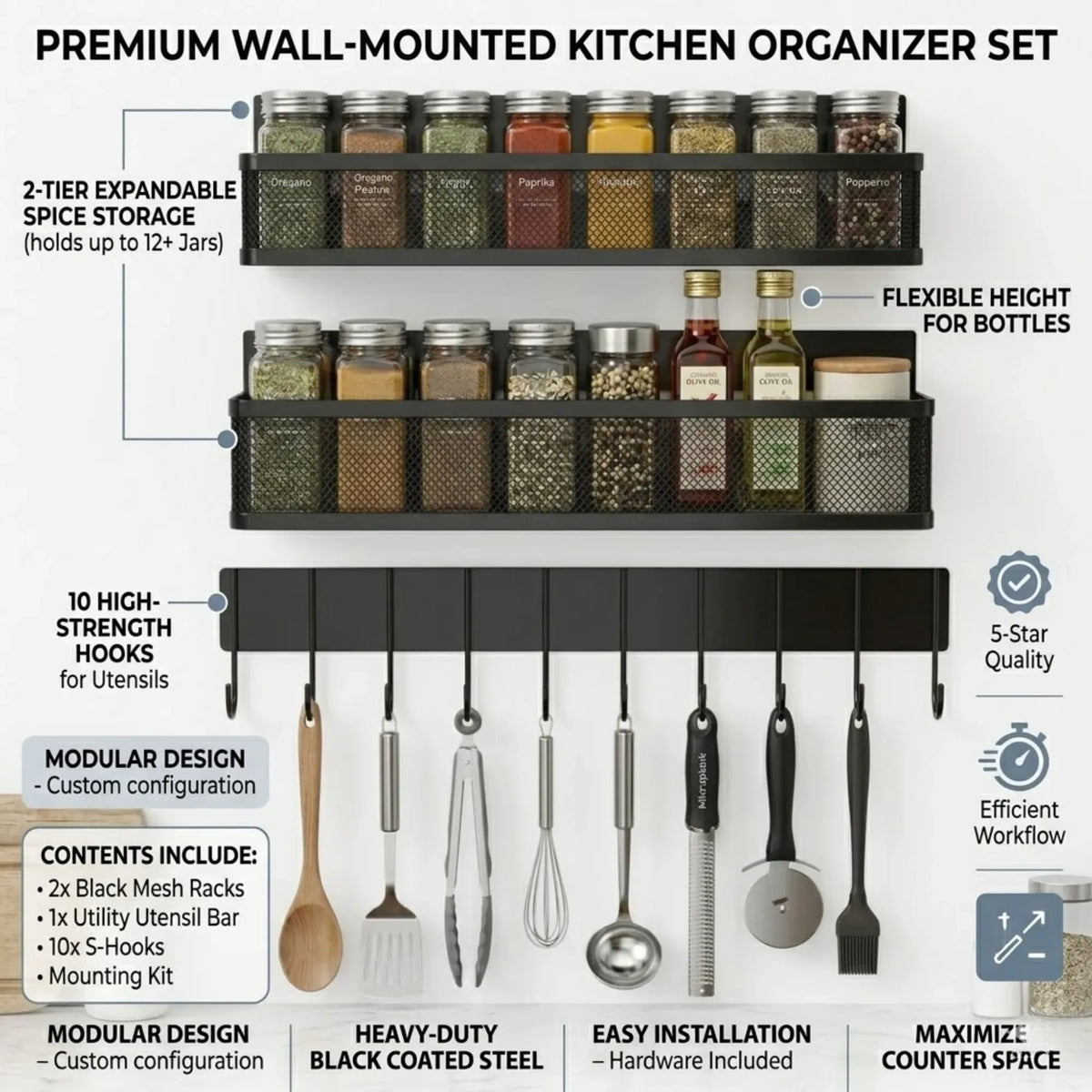 3 Pack Magnetic Spice Rack for Fridge Kitchen with Hook Bar