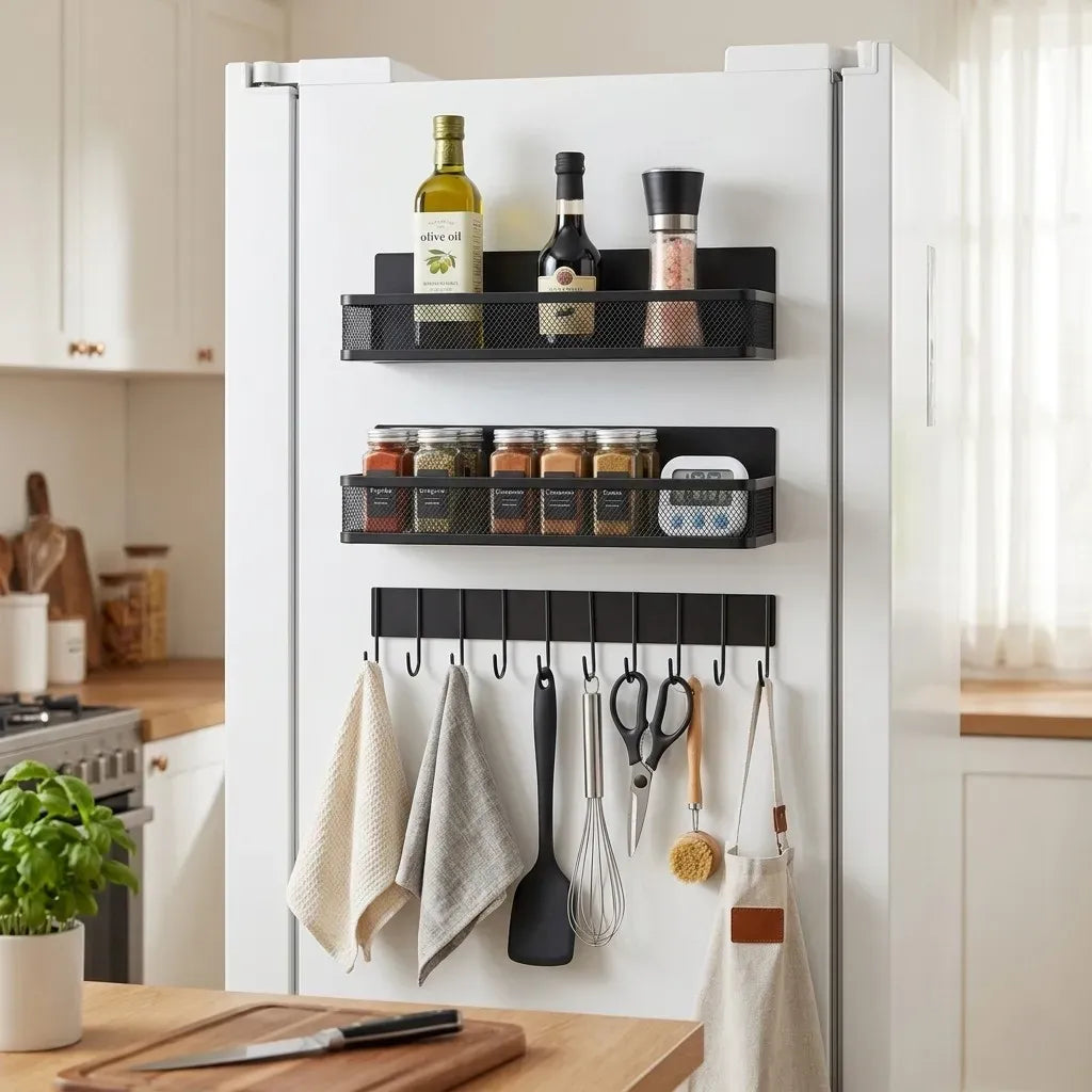 3 Pack Magnetic Spice Rack for Fridge Kitchen with Hook Bar