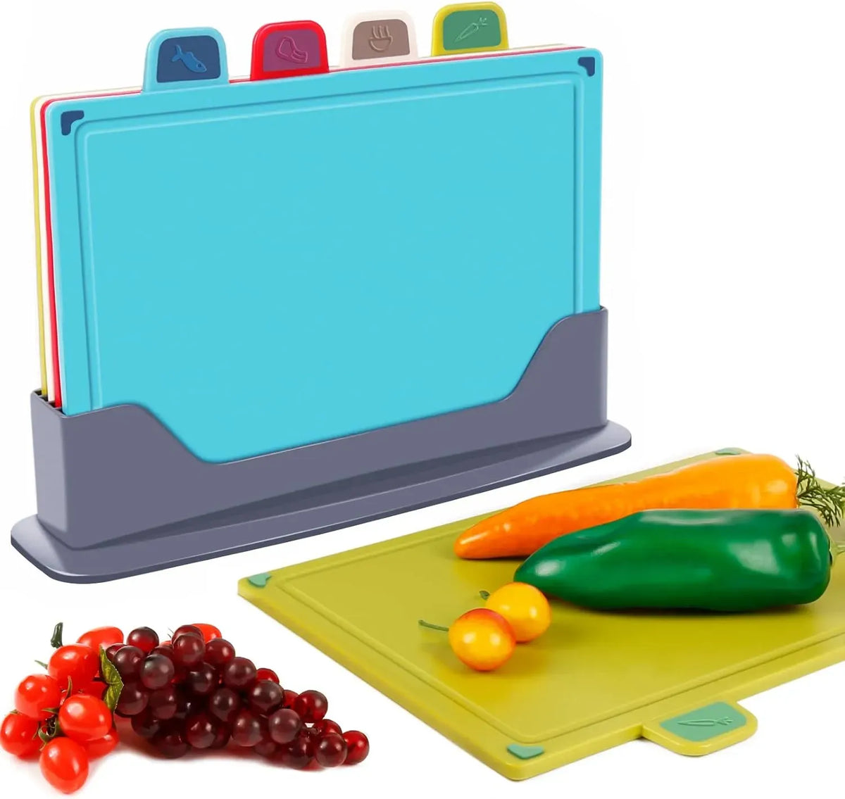 CARLA HOME 4 Piece Colour Coded Cutting Board Set with Stand, BPA-Free Plastic