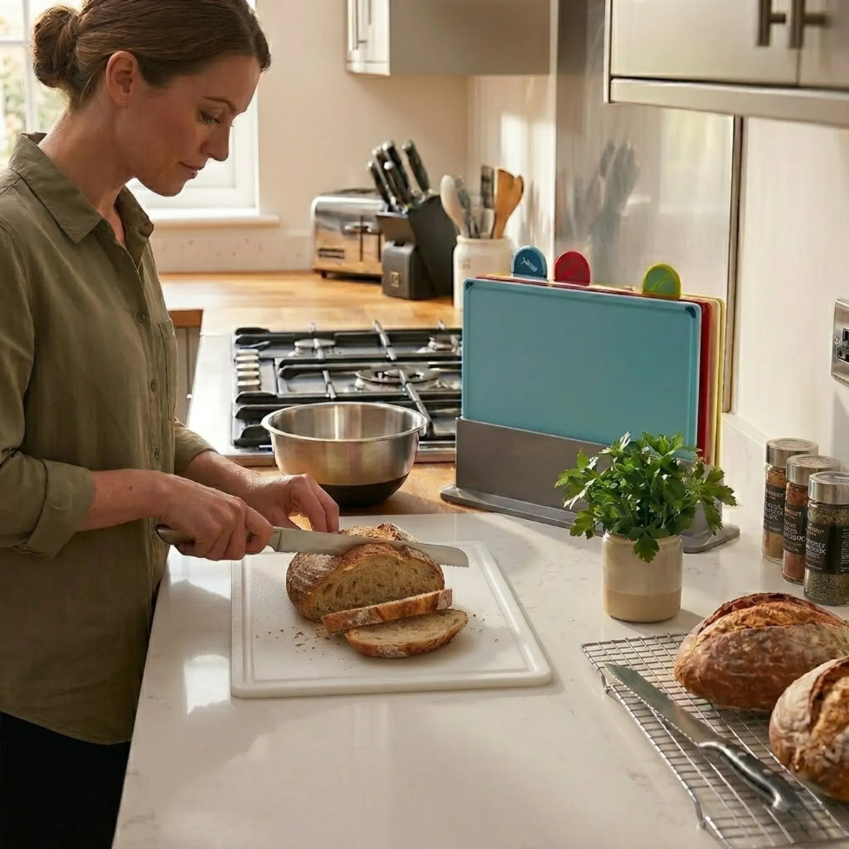 CARLA HOME 4 Piece Colour Coded Cutting Board Set with Stand, BPA-Free Plastic